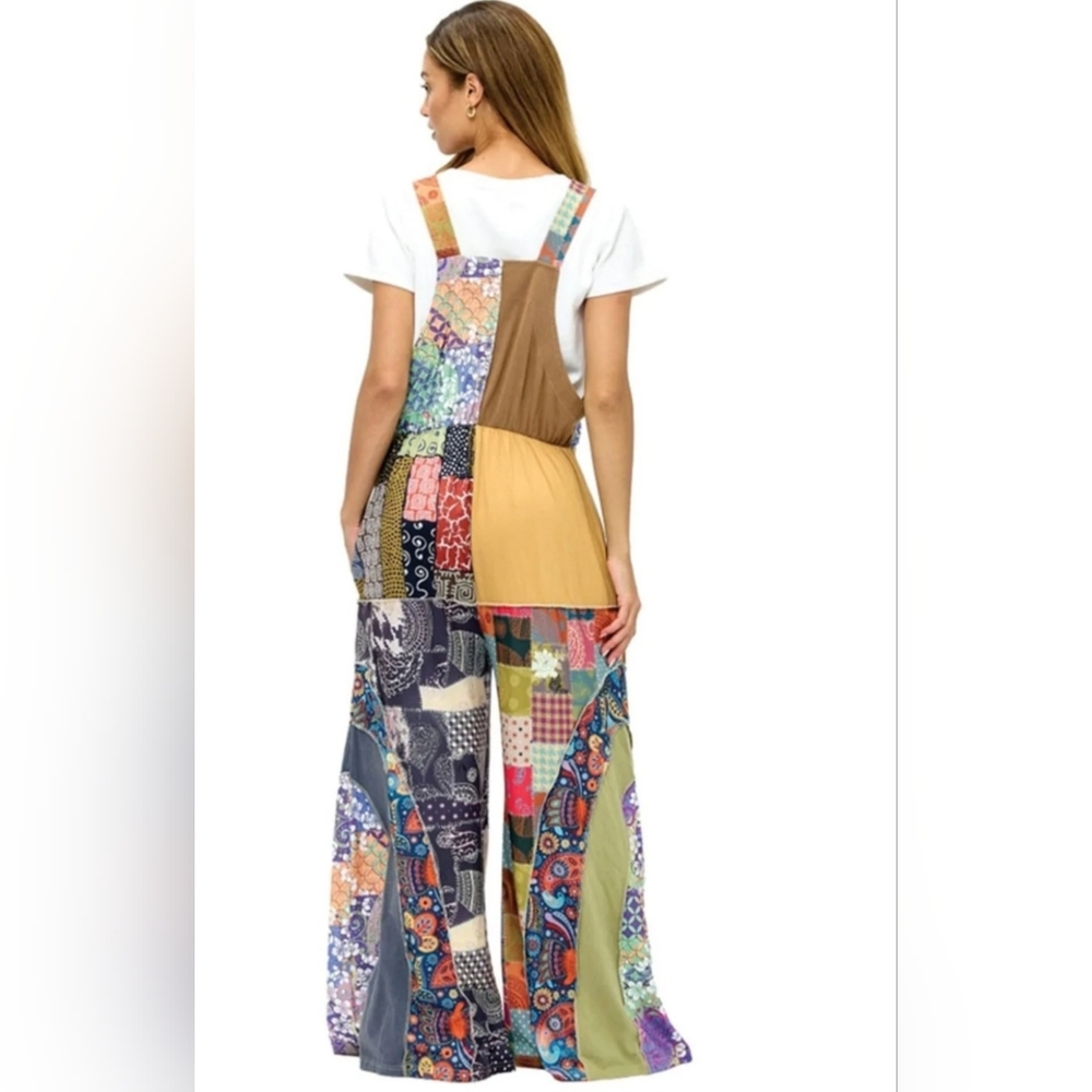 JS1 NWT Yak & Yeti Colorful Patchwork Overalls Adjustable Sm/Md Lg/XL Pockets - Picture 3 of 10